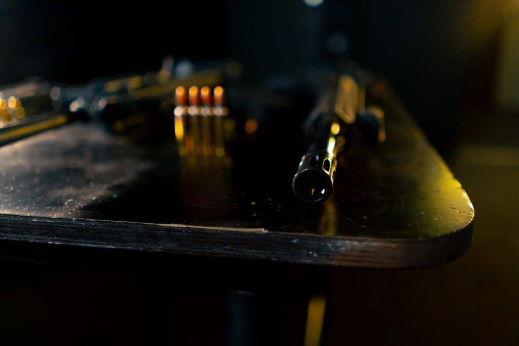 in a professional shooting range on a black table gun shop professional equipment introductory